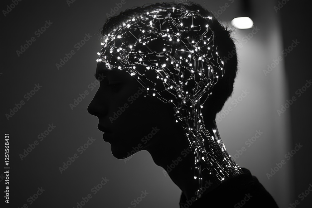 Poster side view of a young man with illuminated lines and dots symbolizing brain activity, neural network,