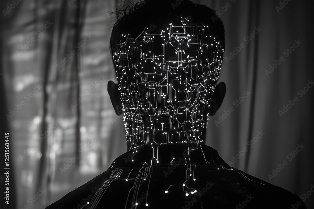 Poster rear view of businessman with glowing circuit board implanted in his head and back, symbolizing arti
