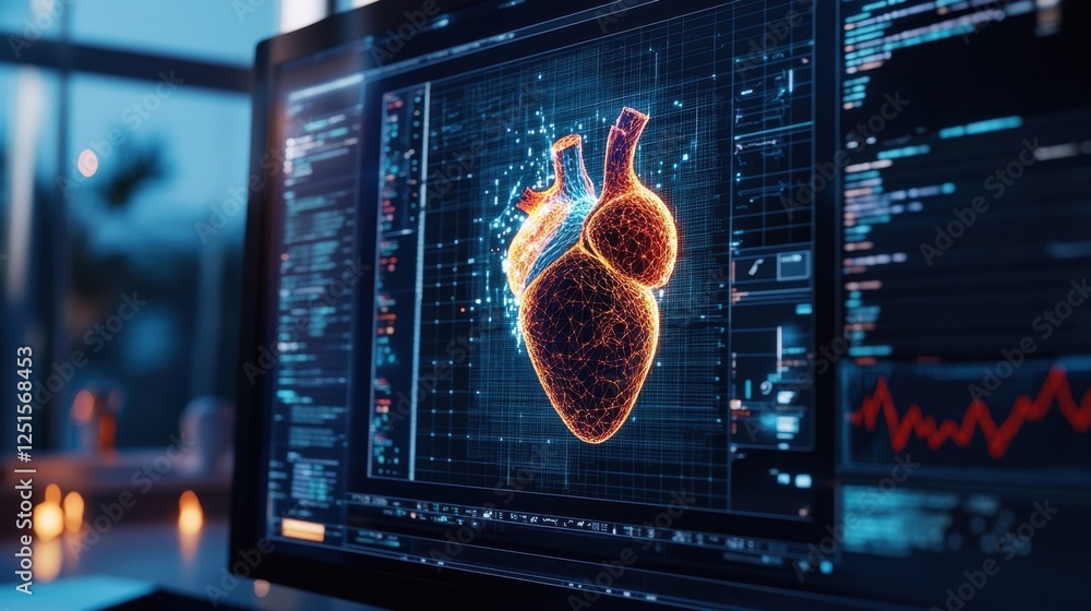 Poster innovative digital rendering of a human heart displayed on a computer screen, highlighting advanceme