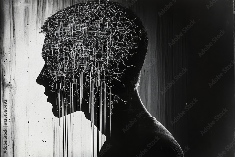 Poster silhouette of man with artificial intelligence and machine learning circuits inside his head