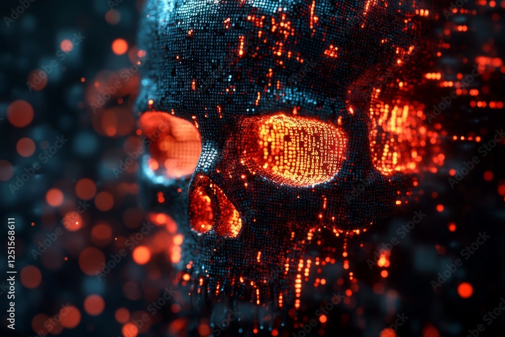 Poster digital skull glowing with binary code representing digital afterlife, cybersecurity threats, or art