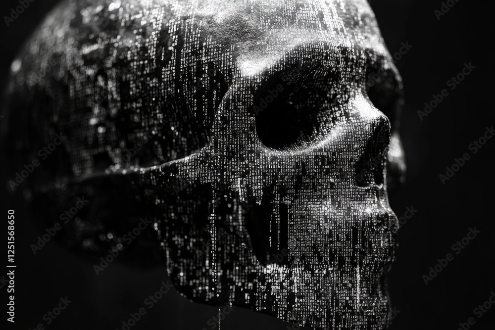 Poster human skull with source code coming out from it, representing digital afterlife, cybersecurity or ha