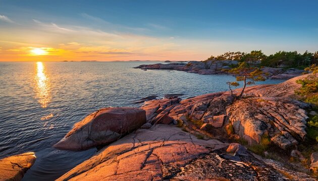 beautiful view of rocky coastline and the baltic sea in hanko finland at sunset in the summer
