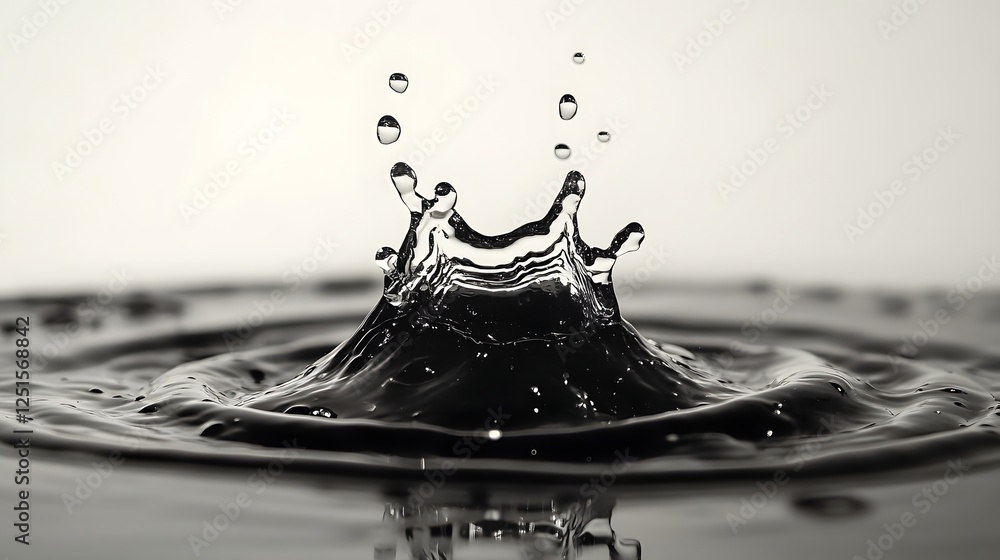 Poster Dramatic black and white splash of a water droplet creating a dynamic texture and pattern on a smooth clean surface  This high speed macro photograph captures the beauty and elegance of the simple