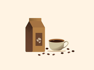 Coffee packet and Mug Icon with coffee bin Drink Concept Vector Design.