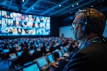 Technician controlling video wall during international business conference or summit