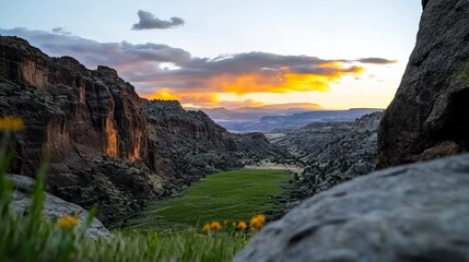 Golden Hour Sunset Over A Canyon Landscape