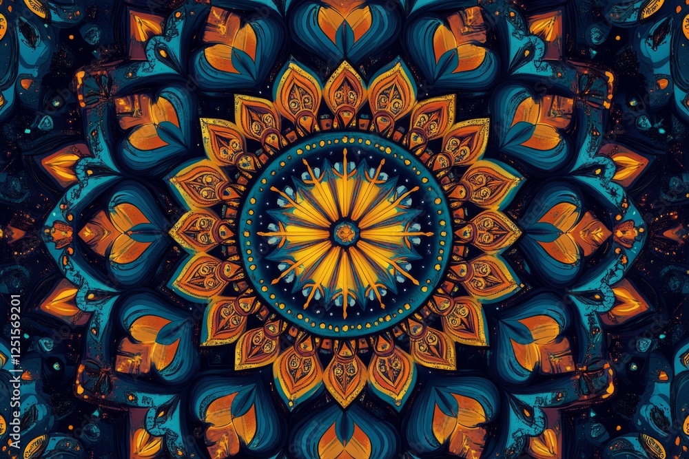 Poster intricate mandala pattern bursting with vibrant colors, creating a captivating visual experience