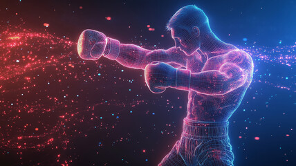 Dynamic boxer in glowing wireframe showcasing strength and agility
