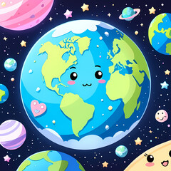 このデジタルグラフィックリソースは、かわいい遊び心のあるスタイルで描かれた地球を特徴としています。明るい表情とパステルカラーが魅力的で、星や惑星、銀河などの宇宙要素が楽しく幻想的な雰囲気を演出します。教育、持続可能性、子供向けコンテンツ、クリエイティブデザインのプロジェクトに最適です。

