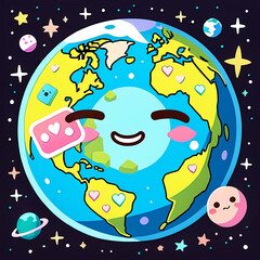 このデジタルグラフィックリソースは、かわいい遊び心のあるスタイルで描かれた地球を特徴としています。明るい表情とパステルカラーが魅力的で、星や惑星、銀河などの宇宙要素が楽しく幻想的な雰囲気を演出します。教育、持続可能性、子供向けコンテンツ、クリエイティブデザインのプロジェクトに最適です。

