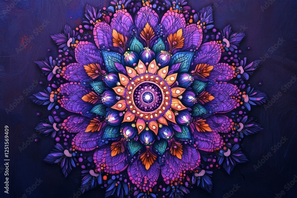 Poster colorful mandala pattern radiating with vibrant hues on a dark textured backdrop, creating a captiva