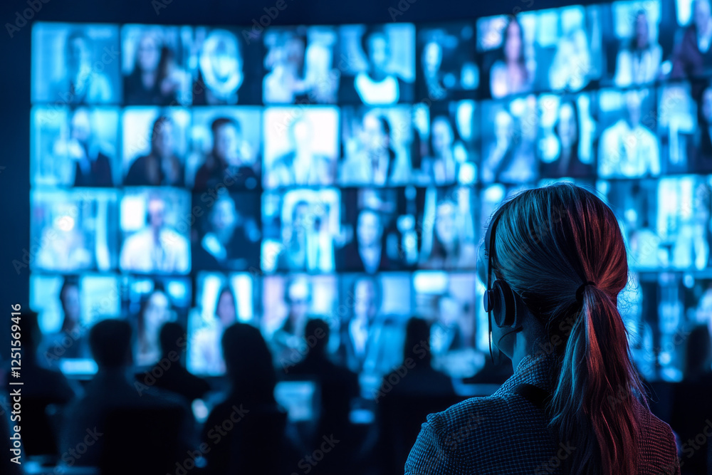 Poster female security operator with headset monitoring cctv cameras on multiple screens showing people in 