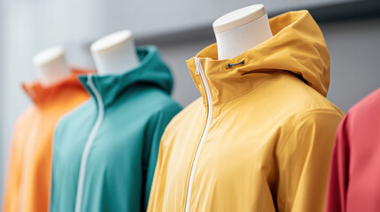 Colorful windbreakers displayed on mannequins in store