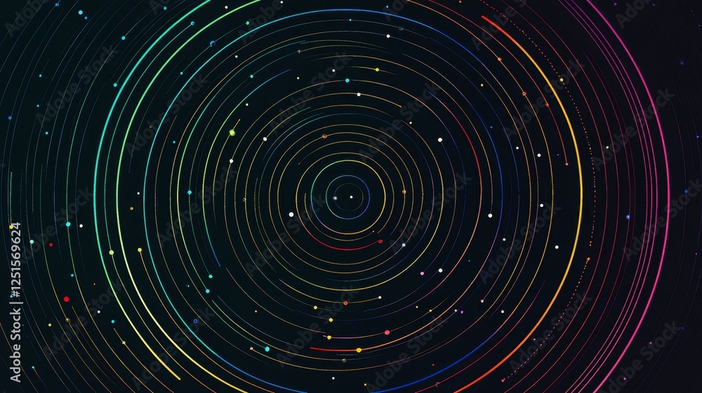 Poster circular lines radiating from center with colorful dots on dark background design element.