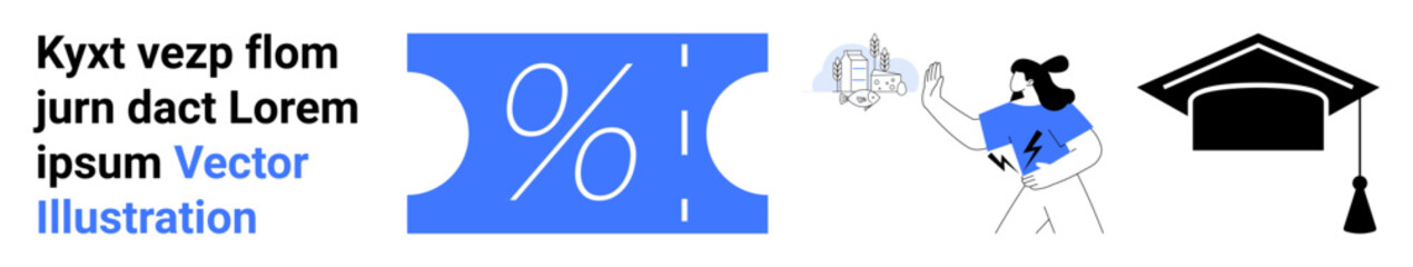 Blue percent sign on voucher, woman holding smartphone with thumbs-up, graduation cap. Ideal for promotions, customer rewards, learning platforms, deals, education, financial planning abstract line