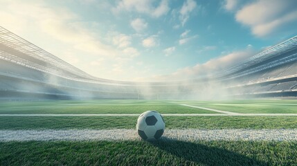 Soccer stadium empty, morning light, action shot, photorealistic scene