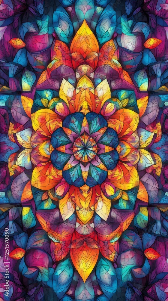 Poster vibrant stained glass window design forming an intricate and symmetrical pattern, ideal for backgrou