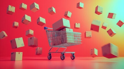 Shopping Cart Full of Falling Boxes in a Neon Red Studio