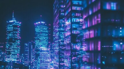 City Lights Reflecting Night Sky With Tall Buildings And Modern Architecture Aesthetic.