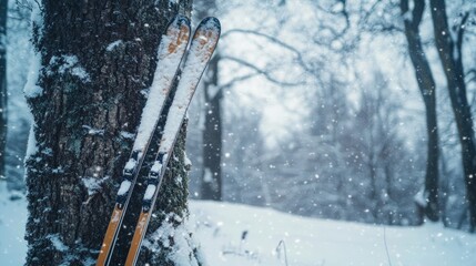 A photo of a pair of cross-country skis leaning against a tree in a snowy forest.