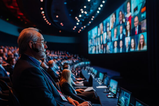 Senior speaker with headset attending online hybrid conference listening to other speakers on big screen