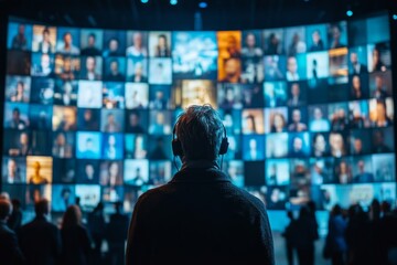 Sound engineer wearing headphones managing a wall of video conference screens in a dark control room