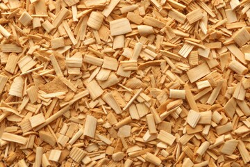 Detailed close-up of light brown wood shavings with natural texture