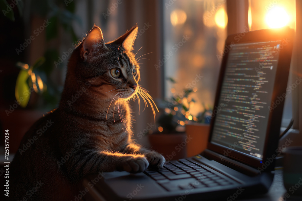 Aufkleber cute cat programming code on a laptop by the window at sunset, working remotely from home