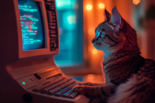 Cat using vintage computer keyboard with code displayed on monitor in a neon-lit room