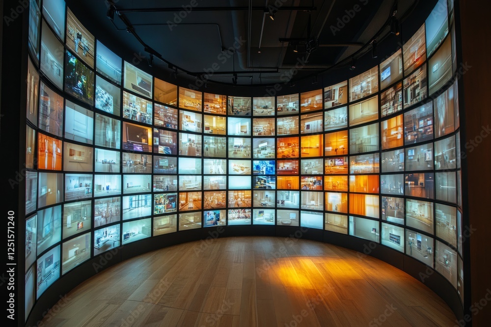 Poster curved video wall displaying various surveillance camera feeds in a high-tech security control cente