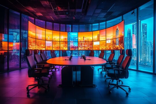 Futuristic office meeting room displaying a vibrant cityscape at sunset on a video wall