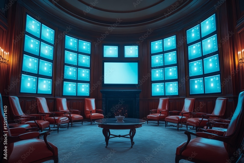 Poster luxurious meeting room equipped with multiple screens displaying financial information, creating a h
