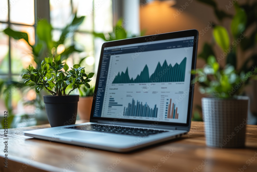 Poster statistical data analysis displayed on a laptop screen in a home office environment with plants