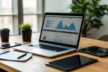 Workplace with laptop showing statistics on screen, digital tablet, smartphone and notepad on wooden desk
