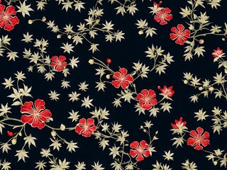 Red Flowers with Green Leaves on a Black Background