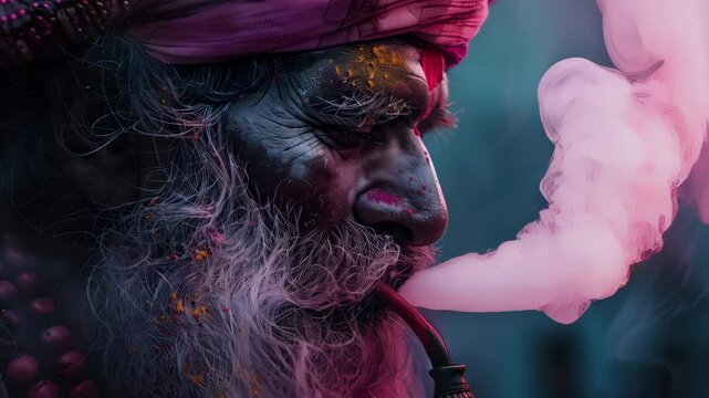 Indian sadhu smoking chillum with pink smoke in twilight. Sacred religious tradition. Spiritual portrait for Maha Shivaratri, Kumbh Mela, Holi festival