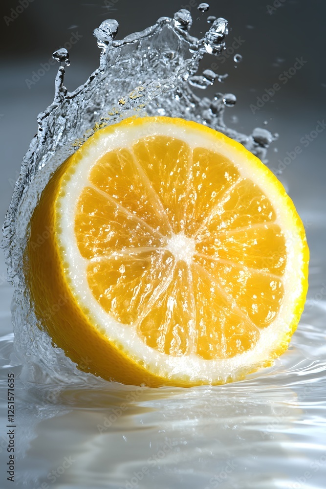 Poster refreshing splash of water on a vibrant lemon slice creating a dynamic and juicy scene