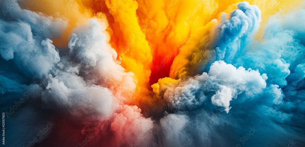 Poster brightly colored smoke billows and swirls, creating an abstract spectacle of vibrant hues and dynami