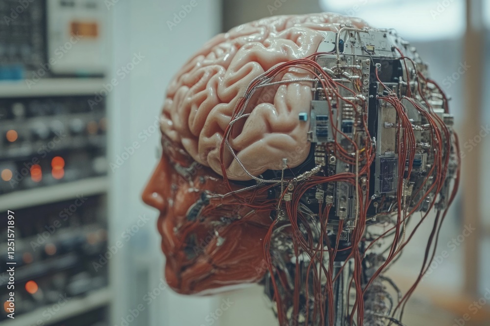 Poster exposed human brain connected to circuit board and wires, symbolizing artificial intelligence and fu