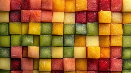 A grid-like arrangement of evenly cut fruit cubes, forming a colorful mosaic of red, yellow, and green tones