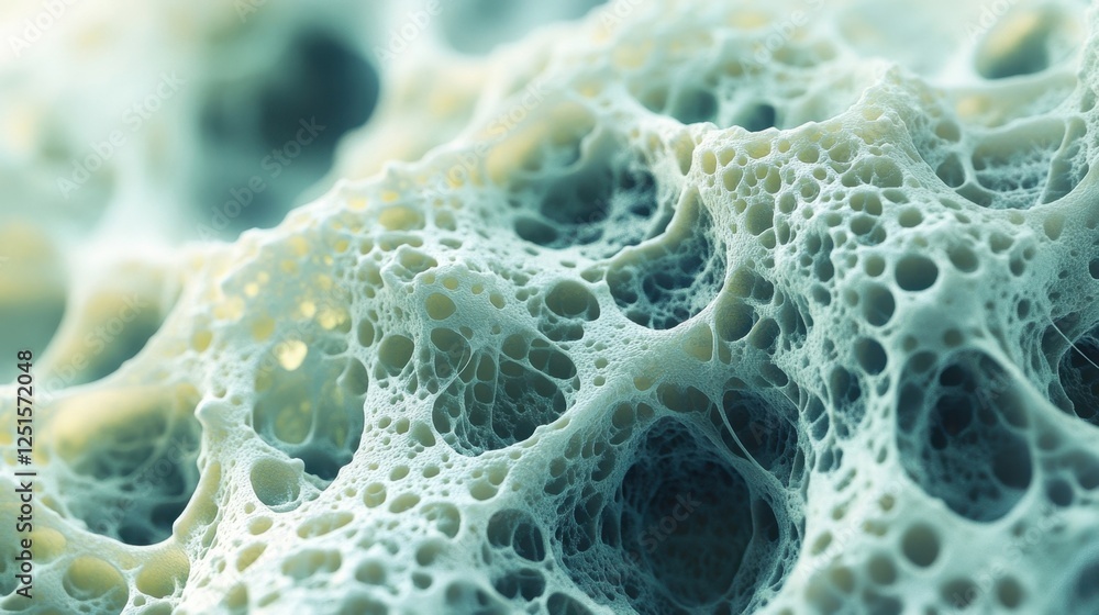Poster detailed close up of a complex, porous structure resembling cellular formations, showcasing intricat