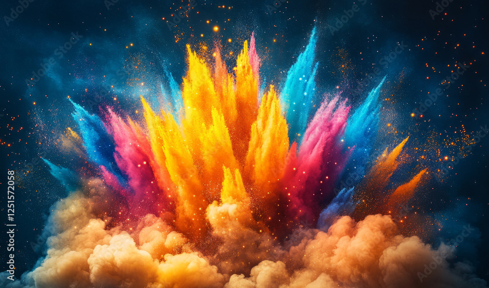 Poster colorful powder exploding, creating a vibrant cloud of colors against a dark blue background, with s