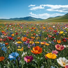 Fototapeta premium Under colorful sky wildflower meadow display high resolution hd picture