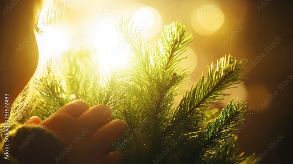 Poster close up person touching evergreen branch with bright sunlight in background and bokeh lights.