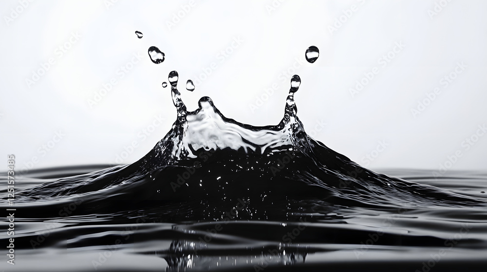 Poster Dramatic splash of dark black water with dynamic droplets in motion creating an abstract minimalist and conceptual backdrop with smooth sleek textures and moody atmospheric contrasts