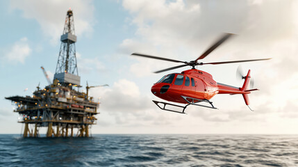 Red helicopter flying over oil rig in ocean at sunset