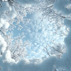 Winter wonderland view through snow-covered trees on a bright, clear day. Generative AI