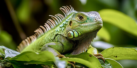 Obraz premium green iguana resting among lush green leaves, showcasing its vibrant colors and unique features