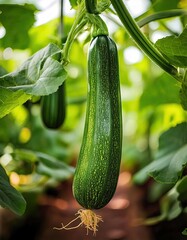 zucchini hang on a branch in a greenhouse. growing vegetables, food; summer harvest 